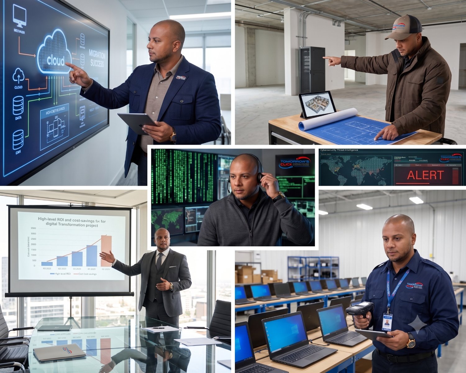 Tomorrow's Click custom software in action — cloud migrations, network buildouts, security monitoring, ROI reporting, and PC rollouts