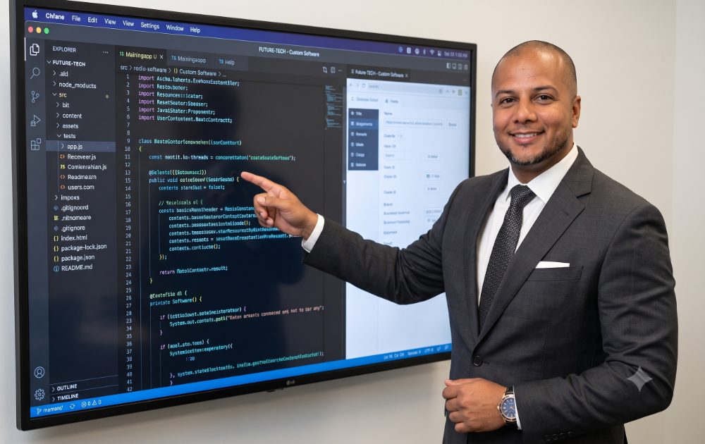 Developer presenting custom software on a large screen