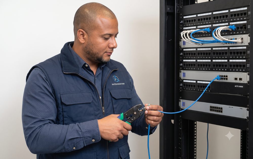 Technician performing routine PC maintenance at a workstation