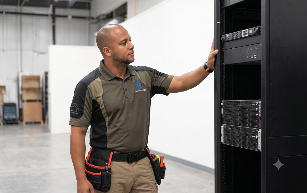 Technician terminating structured network cabling at a patch panel